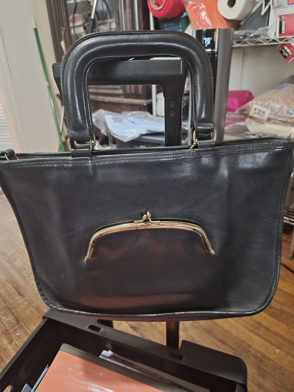 Vintage Coach Bonnie Cashin Tote Leather Bag Black Kiss Lock Watermelon 1970s